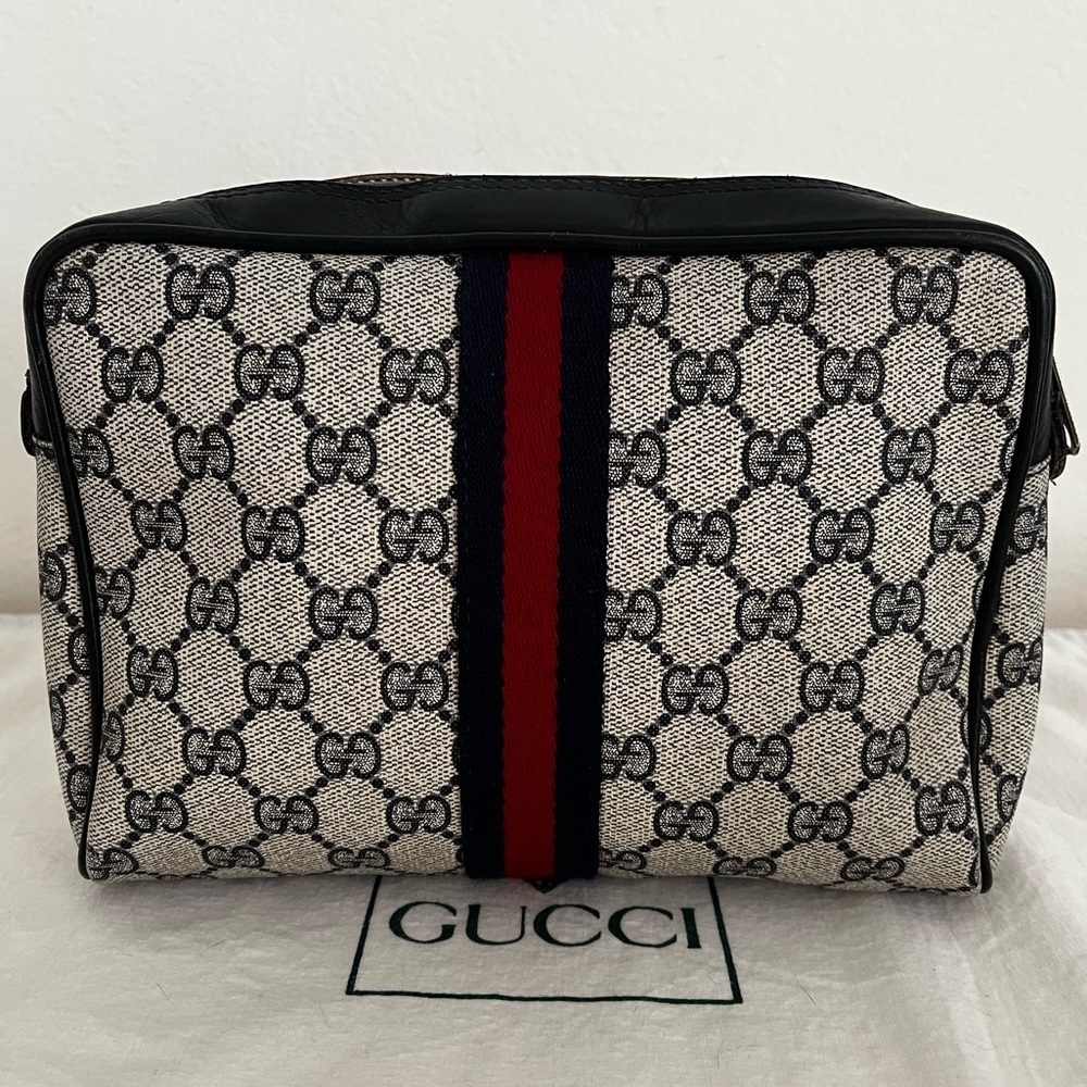 Gucci Web Stripe Cosmetic Pouch Blue Unbrand Strap D-rings Vintage 1970s-1984 - Picture 4 of 17